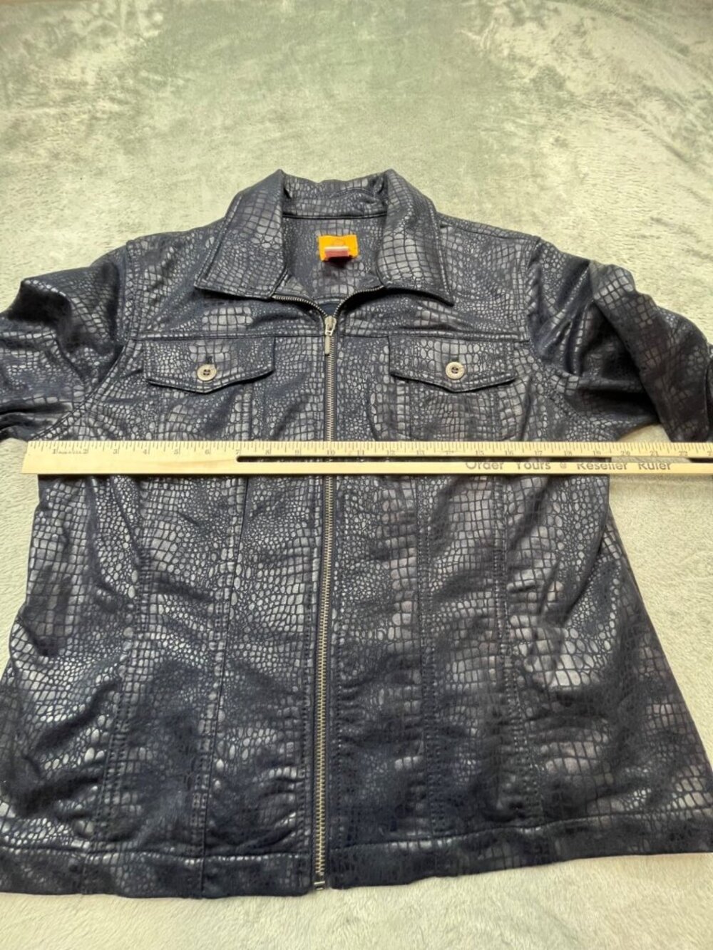 Ruby Rd Jacket Women 12 Black Faux Leather Croc Print Full Zip Up Animal Texture - Picture 5 of 9